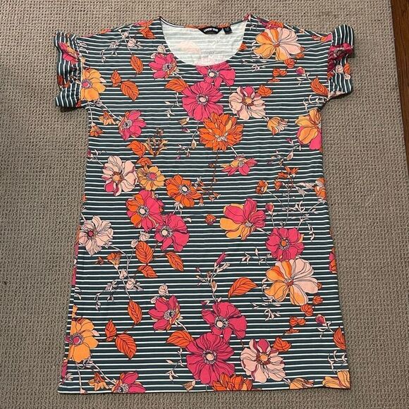 LANDS’ END Floral T-Shirt Dress Ruffle Sleeve Orange Pink Gray Green Size Large - Picture 2 of 8